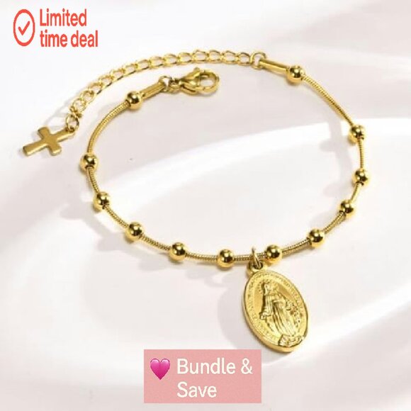 14k Gold Plated Virgin Mary Rosary Bracelet, Adjustable Stainless Steel - Picture 5 of 8